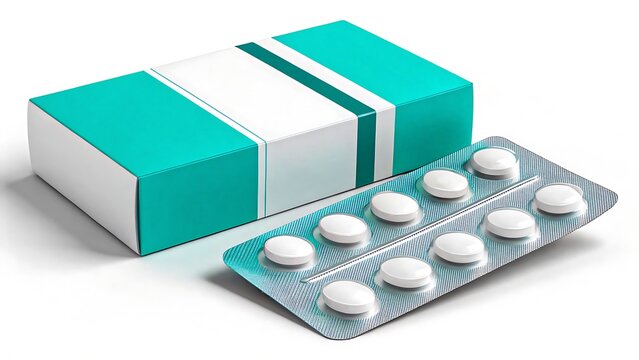 Medical tablet blister pack with green and white box mockup for pharmaceutical packaging and branding
