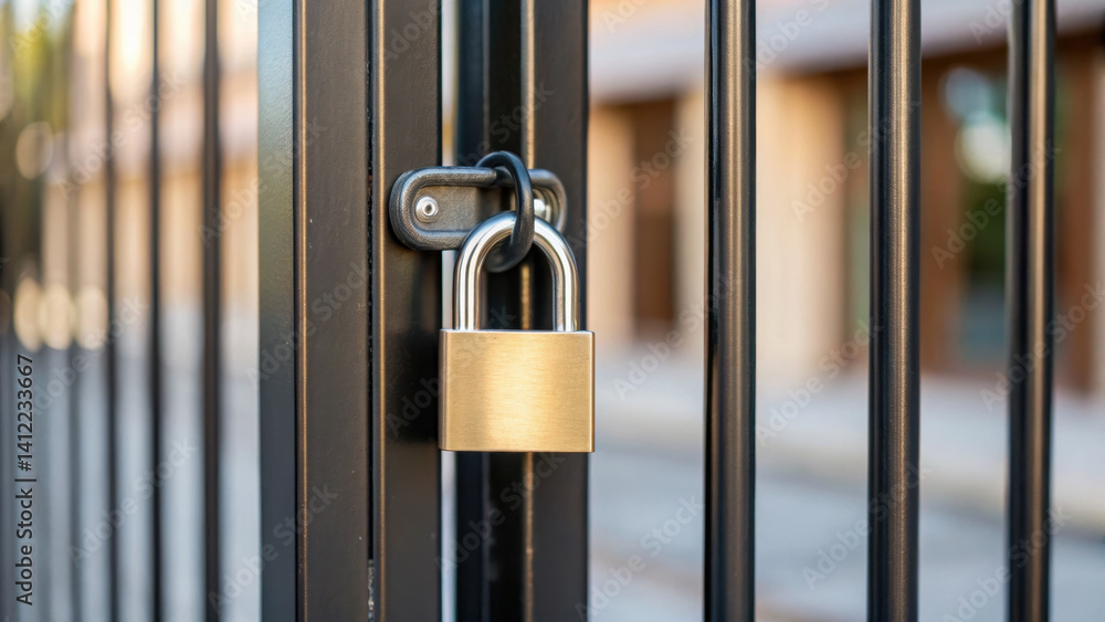 Poster secure padlock is fastened on metal gate symbolizing protection and restriction, often associated wi