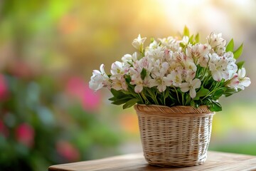 Delicate white alstroemeria flowers in a woven basket.