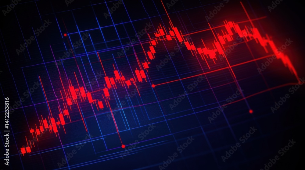 Poster digital rendering of a declining stock market trend with a glowing red line