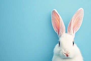 Obraz premium A cute rabbit ear sticking out from the bottom right corner of an isolated blue background, easter concept, detailed, stock photo