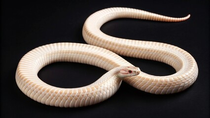 A striking image of a white albino cobra with light brown stripes coiled on a black background, its head slightly raised and turned to the side