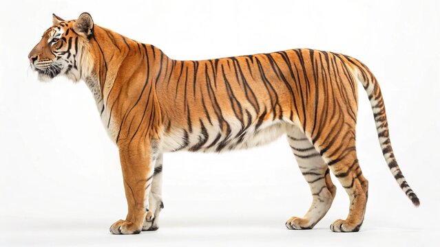 This image features a powerful Bengal tiger standing sideways, its head turned slightly, displaying its characteristic striped coat against a stark white backdrop