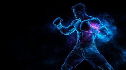 Abstract silhouette of a muay thai boxer floating in motion, neon smoke, isolated black background
