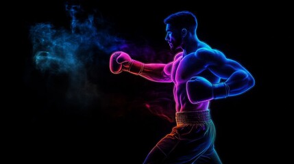 Abstract silhouette of a muay thai boxer floating in motion, neon smoke, isolated black background