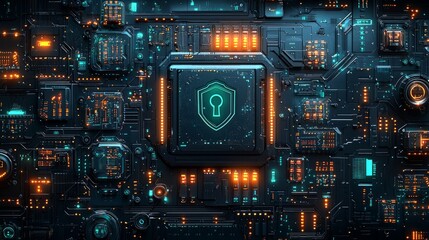 Fototapeta premium A conceptual design for a cyber insurance company, featuring a lock and shield symbol combined with a digital circuit pattern, using shades of dark blue and green