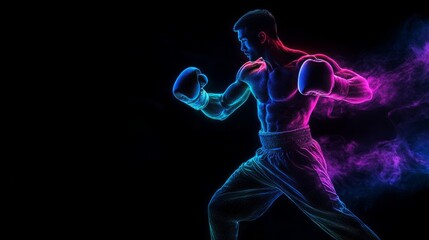 Abstract silhouette of a muay thai boxer floating in motion, neon smoke, isolated black background