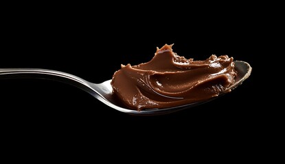 Fototapeta premium Silky chocolate butter spread on a spoon, isolated on a black background