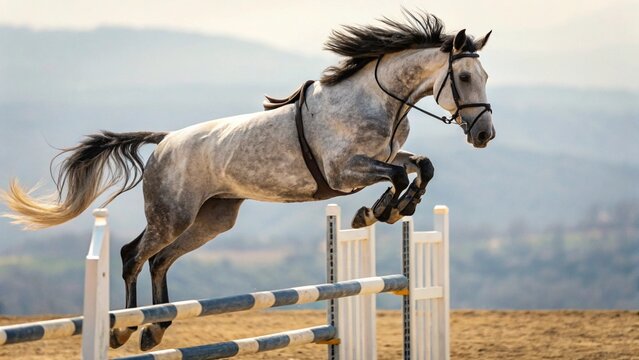 This image shows a beautiful dapple-gray horse in full stride, leaping over a white and blue obstacle during a show jumping competition in a natural setting