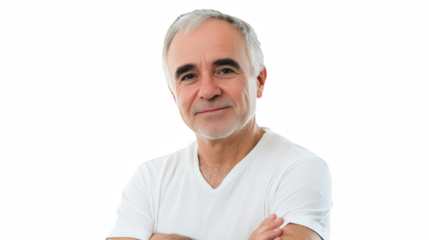 an older man in a white t - shirt standing with his arms crossed photo on a transparent background, PNG image, PNG file, Generative art.