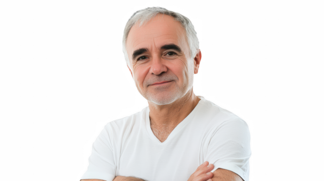 an older man in a white t - shirt standing with his arms crossed photo on a transparent background, PNG image, PNG file, Generative art.