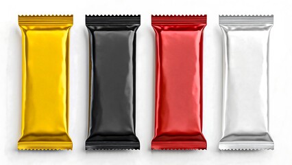 Set of colorful metallic snack bar packaging mockups in gold black red and silver foil on white background
