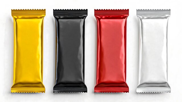 Set of colorful metallic snack bar packaging mockups in gold black red and silver foil on white background
