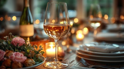 A fancy gourmet dinner with expensive wine and candlelight ambiance