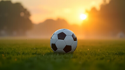 Sunset soccer ball resting on grass field during golden hour near a tranquil park