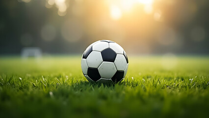 Naklejka premium Soccer ball resting on green grass during sunset in a soccer field