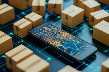 Smartphone displaying delivery route map surrounded by cardboard boxes online package tracking