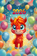 Cartoon horse mascot celebrates New Year 2026 with colorful balloons and cheerful atmosphere