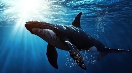 Naklejka premium Orca swimming underwater, sun rays, ocean depths