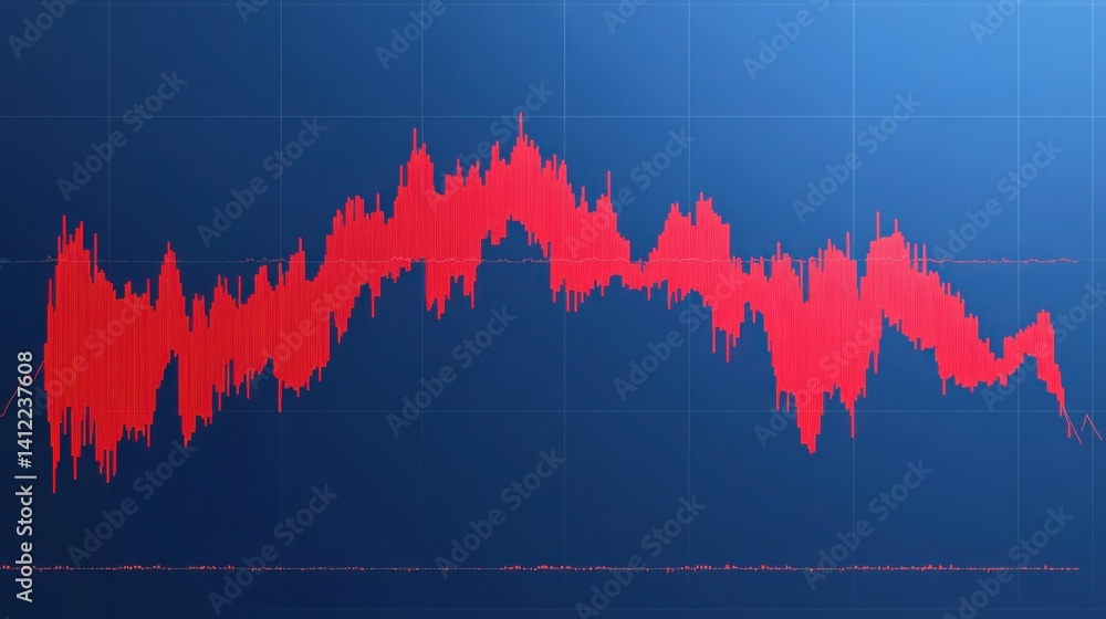 Poster volatile stock market data displayed as a red line graph on a blue screen