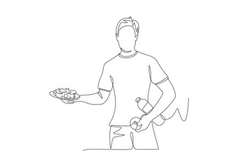 Man holding a plate of salad, fruit and bottled mineral water. Balanced Nutrition concept one-line drawing