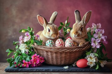 Two adorable Easter bunnies nestled in a basket of colorful flowers and eggs.