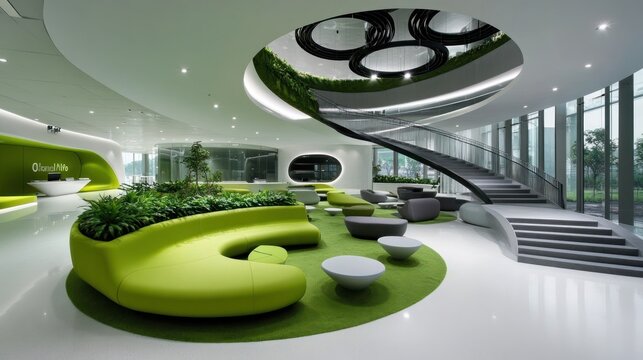 Modern office lobby, curved staircase, green plants, natural light, spacious design, corporate workspace