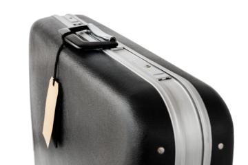 old suitcase with tag on handle, material evidence, isolated on white, cut out