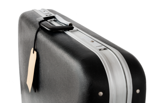 old suitcase with tag on handle, material evidence, isolated on white, cut out