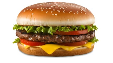 Classic cheeseburger with sesame seed bun, fresh lettuce, tomato slices, cheddar cheese, and beef patty isolated on white background