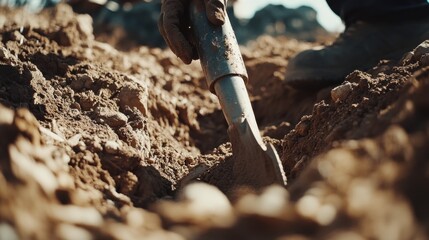 Fototapeta premium Excavator operator digging a trench for plumbing installation at a construction site. Featuring precision and focus