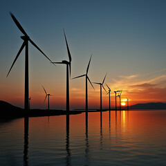 wind turbines at sunset
