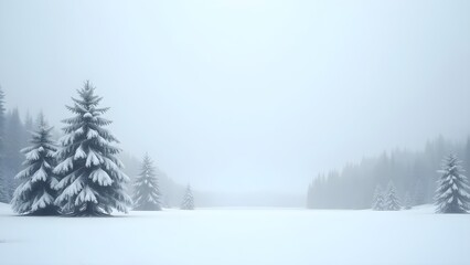 Obraz premium Serene Snowy Winter Landscape with Evergreen Trees in Forest with Fog in a white scene