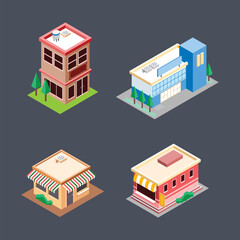 isometric retail building collection set in isolated background vector