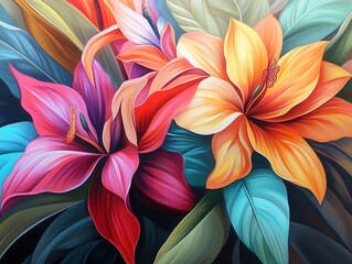 Obraz premium vibrant exotic tropical flowers with bold petals, soft light dramatic shadow