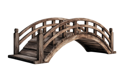Png of A beautifully crafted wooden bridge with a graceful arch, showcasing rustic charm and intricate detailing.
