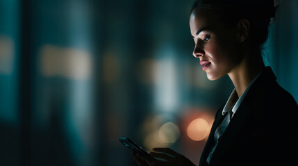 Naklejka premium Woman in business attire using smartphone, dark background, low light, profile view, conveying professionalism and late-night work