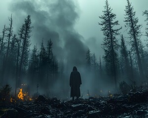 A solitary figure stands amidst the desolate dark forest