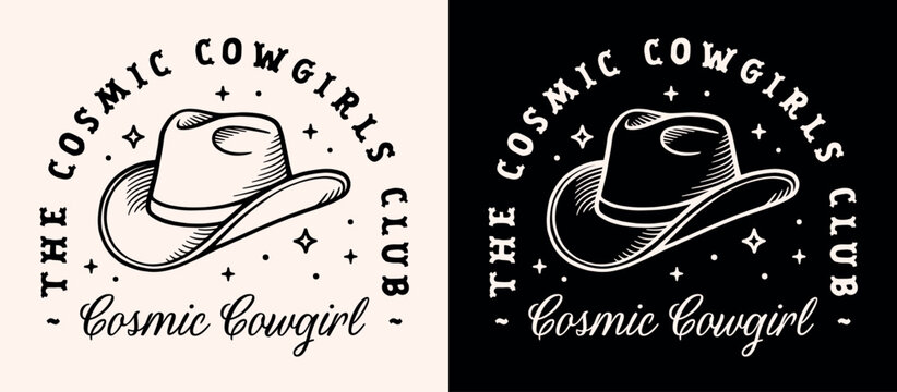 Cosmic cowgirl club cowgirls squad dark western disco whimsical aesthetic country girl matching shirt design. Retro celestial cowboy hat witch girls trip party theme printable sticker black poster.