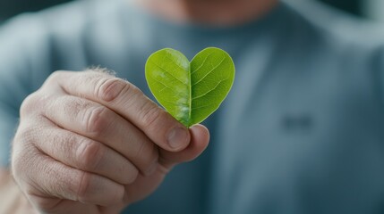 Close-up of a man holding a green, heart-shaped leaf in his hand, 