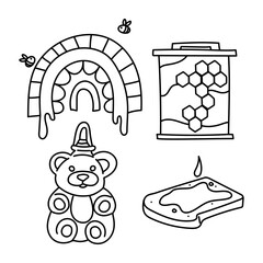 A set of doodle honey elements. Rainbow, sandwich, honeycomb frame, honey in a jar on a white background. Home-made honey production. Bee farm. Insects fly in a rainbow. Motives for honey production