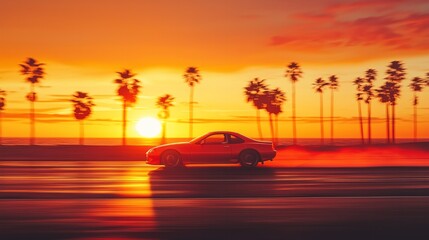 car driving on the beach with palm trees in the background Under the orange sunset