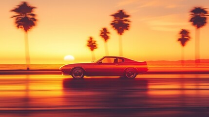 car driving on the beach with palm trees in the background Under the orange sunset