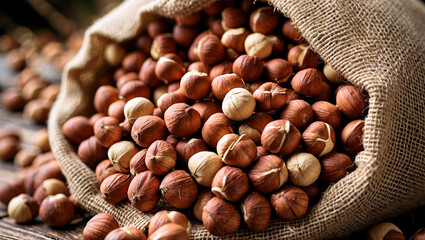 Burlap sack brimming with fresh hazelnuts