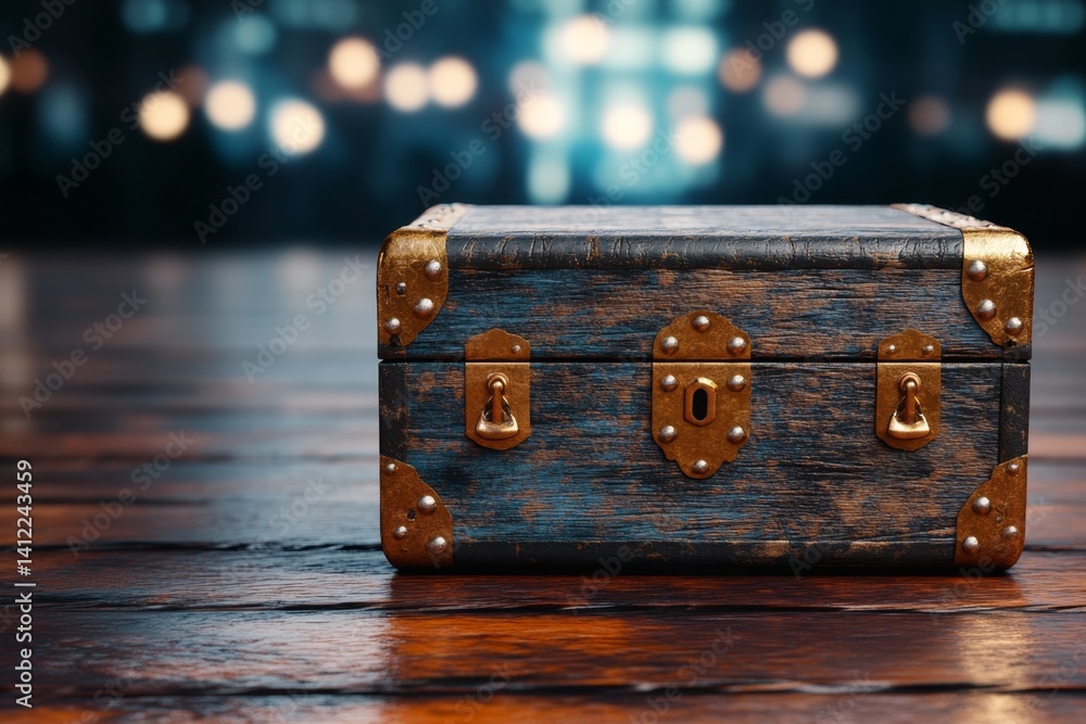 Aufkleber a 3d-rendered treasure trunk overflowing with magical artifacts, glowing softly in dim light