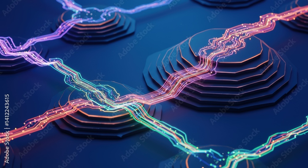 Poster futuristic circuit network with neon paths on abstract geometric surfaces