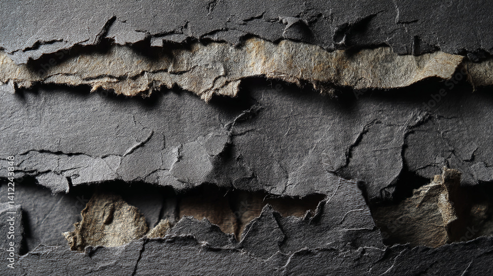 Poster close-up of dark gray and beige torn paper texture, showing irregular edges and layering, suggesting