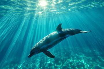 Fototapeta premium A Delphinus (mythical golden dolphin) swimming through an enchanted sea, leaving trails of magical light
