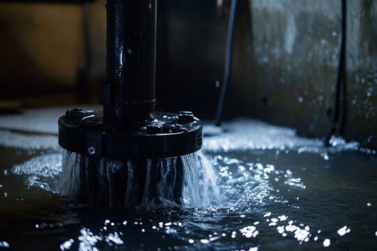 Water pump submerged in dark water flowing steadily