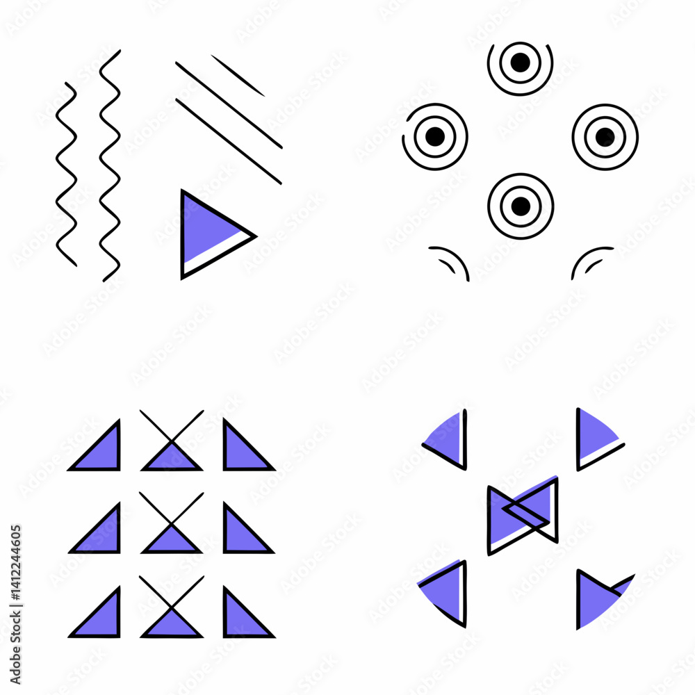 Poster a playful exploration of geometric shapes and patterns in vibrant periwinkle, featuring triangles, c